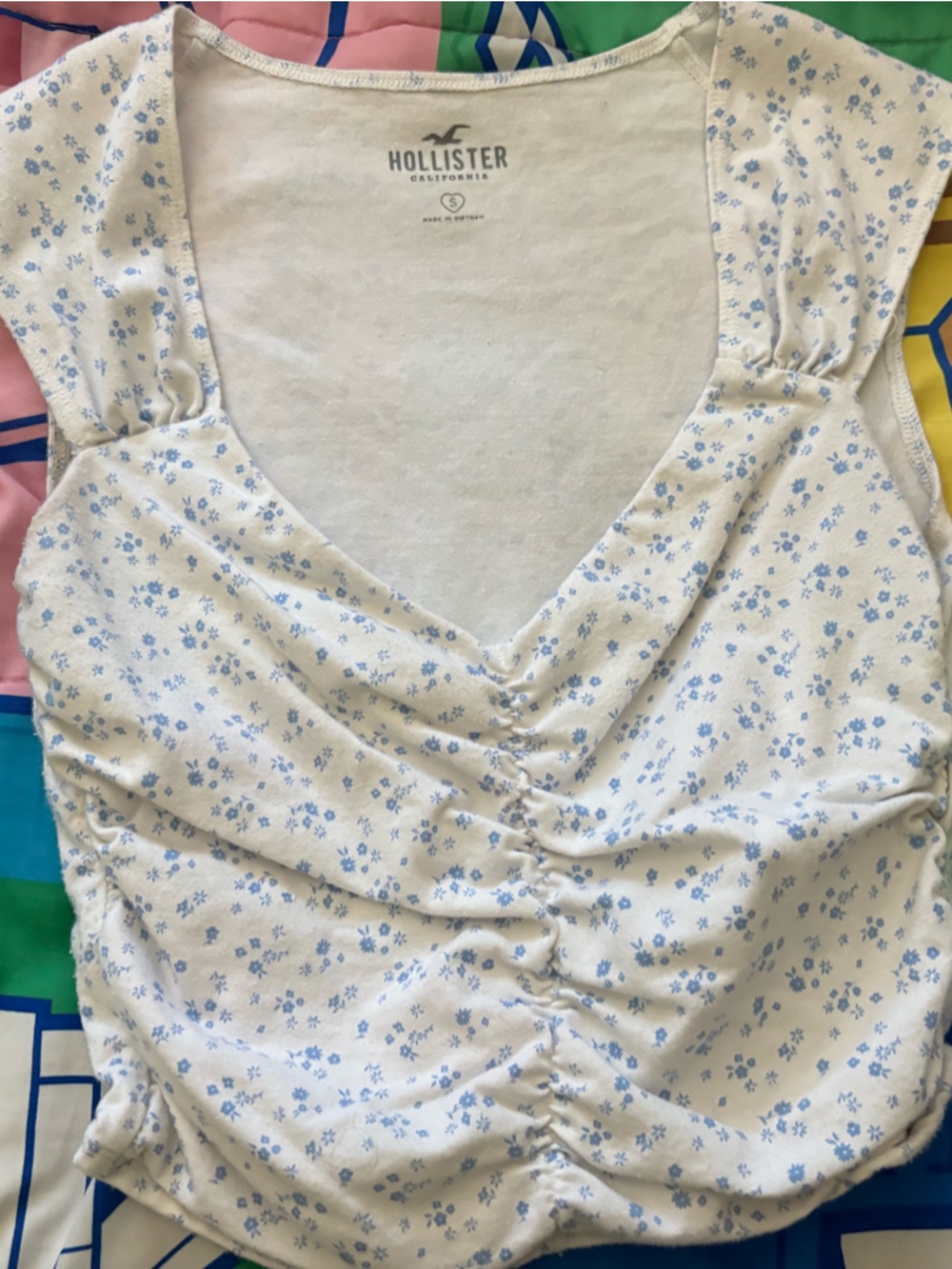 Hollister Cream Tank Top with Light Blue Floral Print